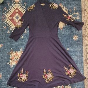 Navy Blue A-line Dress with 3/4 Sleeves and Floral Embroidery